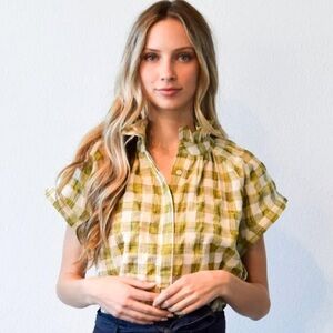 Never A Wallflower Vicki Ruffle Shirt, Textured Cotton Blend Yellow Plaid, XS
